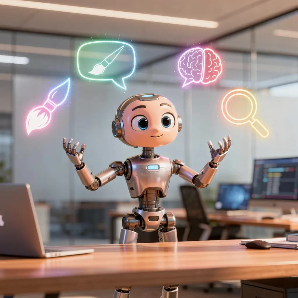 Robot IA orchestrant plusieurs outils intelligents dans un bureau moderne